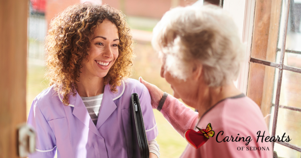 A caregiver enters a senior’s home to provide respite care services.