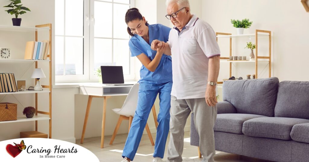 Seniors may need extra help after a fall, and elder care professionals, like this one helping a senior client, can make a massive difference.