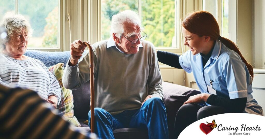A woman has a good time with her older clients, representing the kind of personal skills needed to be a good caregiver.