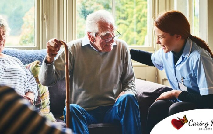 A woman has a good time with her older clients, representing the kind of personal skills needed to be a good caregiver.