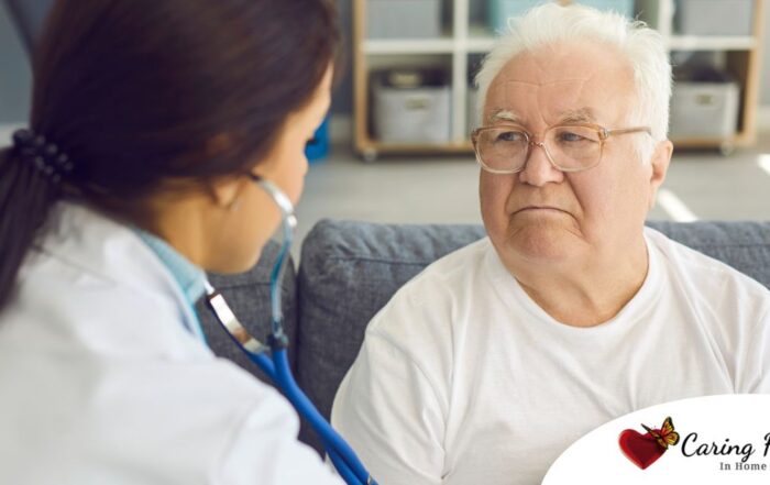 A doctor examines an older man with a stethoscope, representing pneumonia in elderly adults.