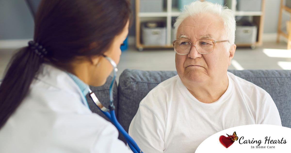 A doctor examines an older man with a stethoscope, representing pneumonia in elderly adults.