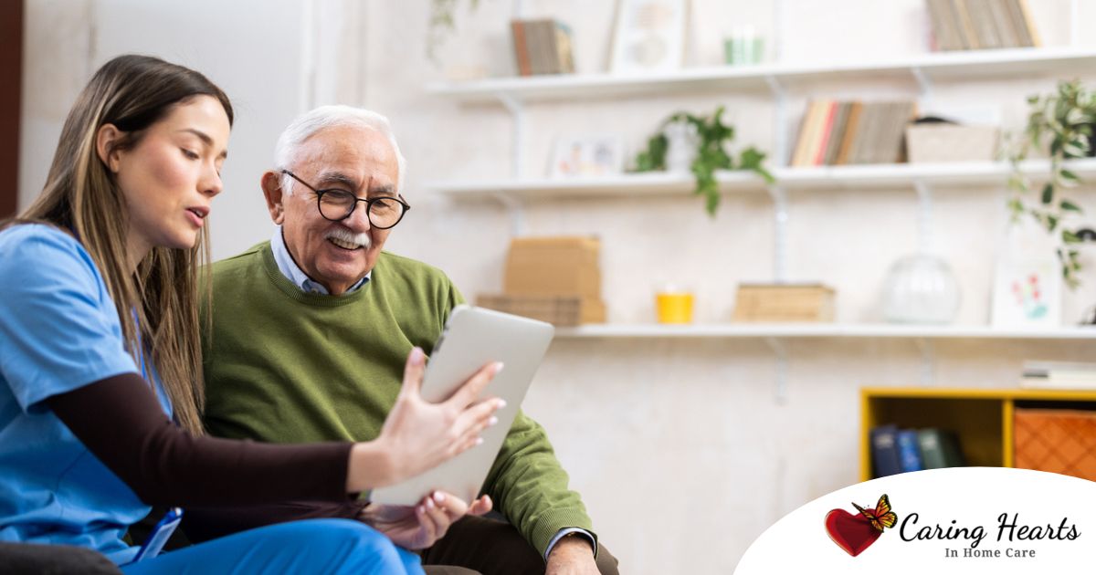 Home caregiver assisting senior man to use telehealth and senior care