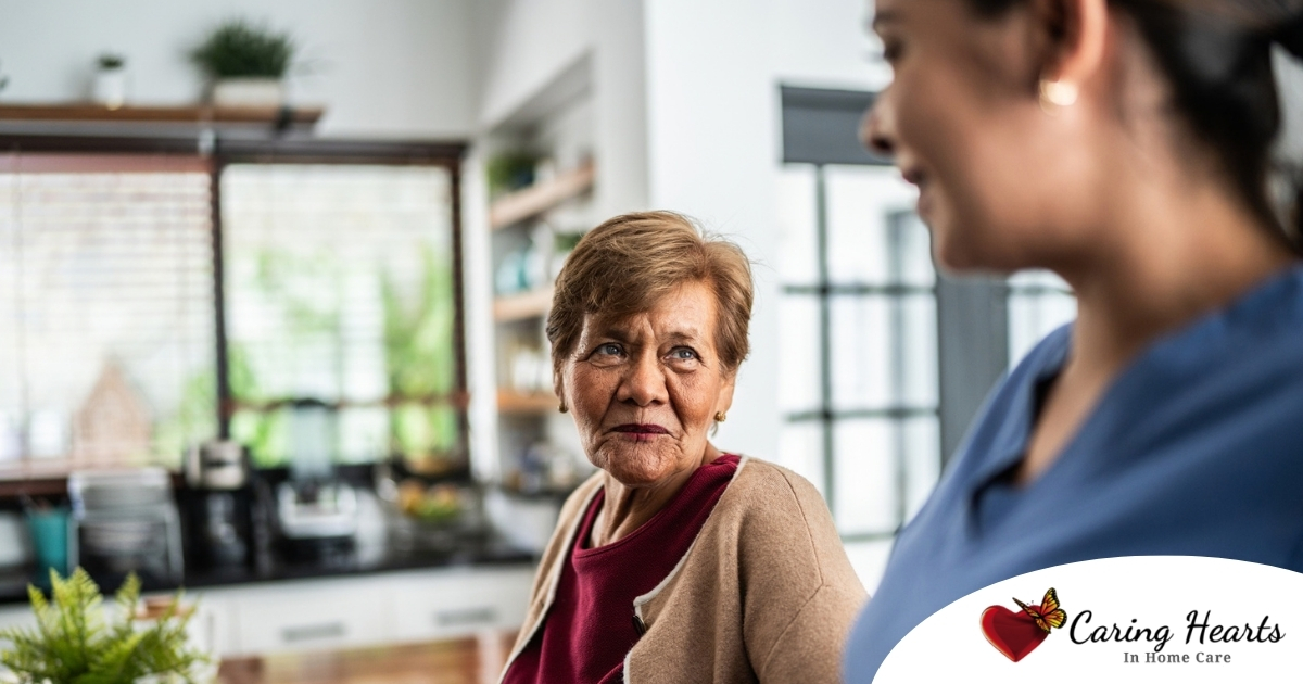 Caregiver provides attentive senior care as part of diabetes awareness